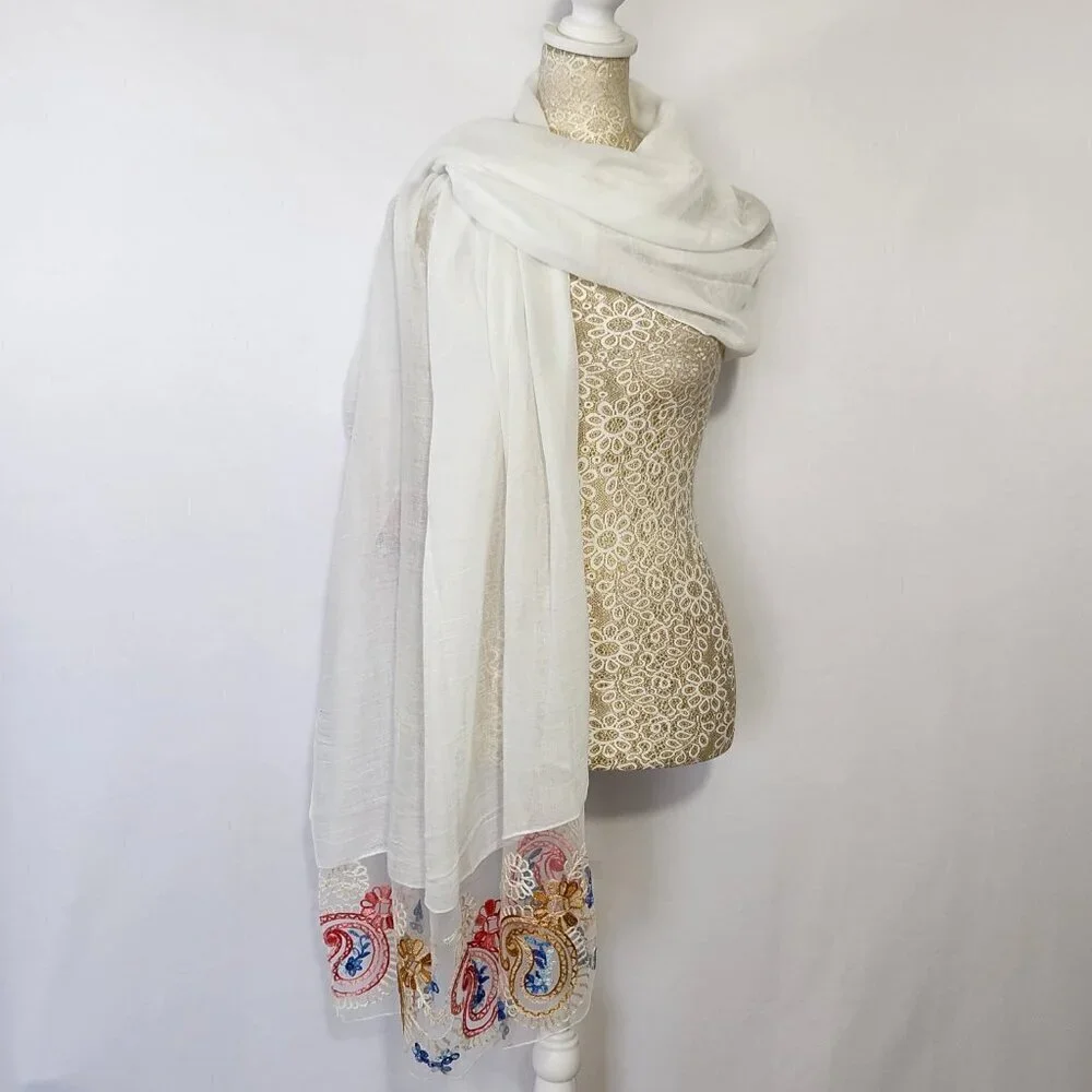 Scarf Women's Rectangle White Detailed Floral Embroidered Linen Blend Boho City